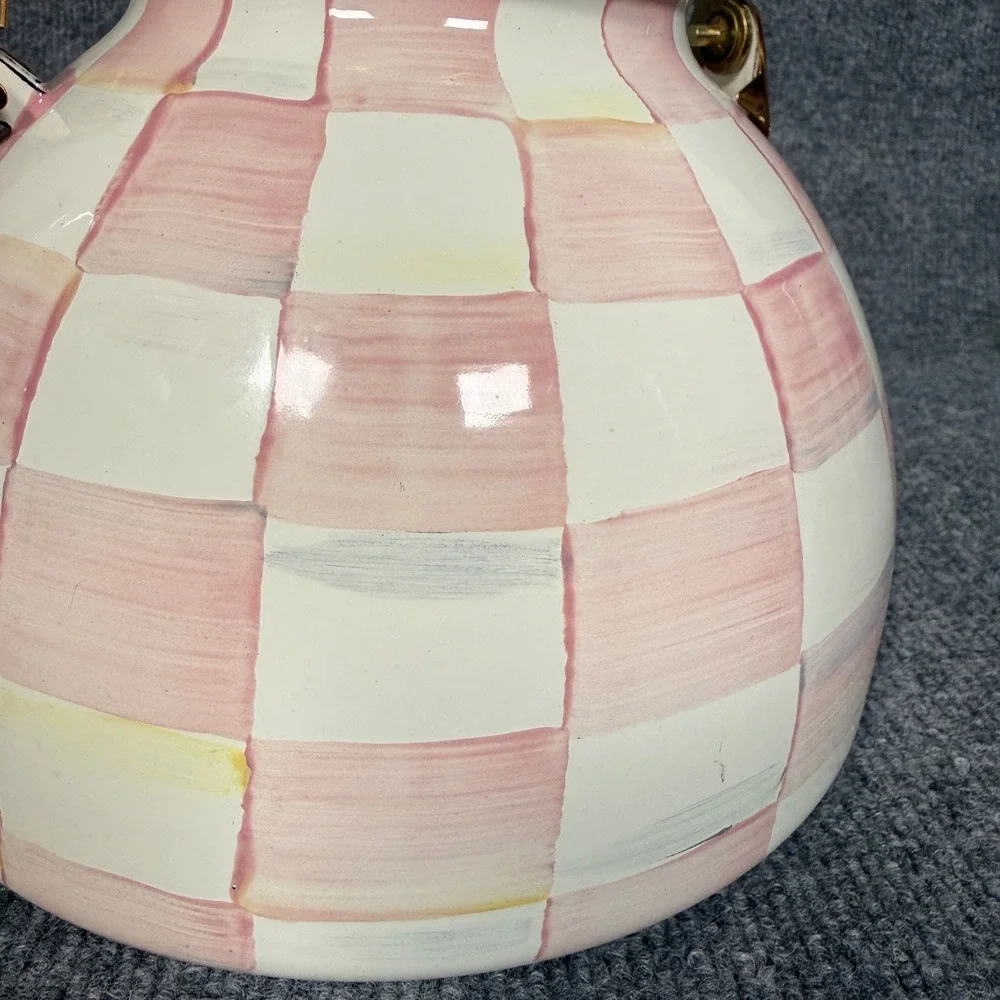 New Mackenzie Tea Kettle Childs 3 Quart Enamel Rosy Check Pink Plaid